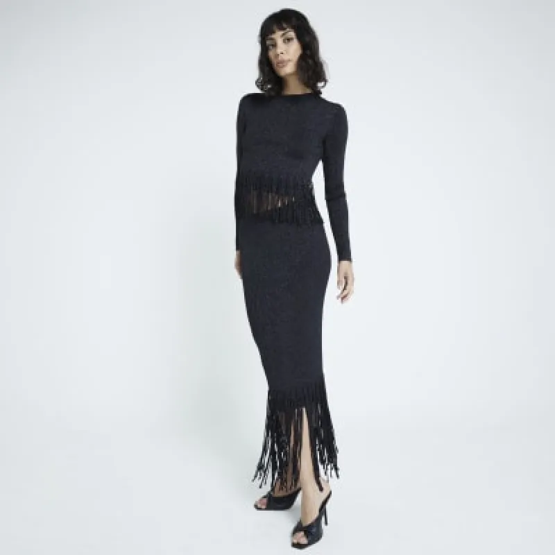 Black metallic fringe midi skirt sold by River Island