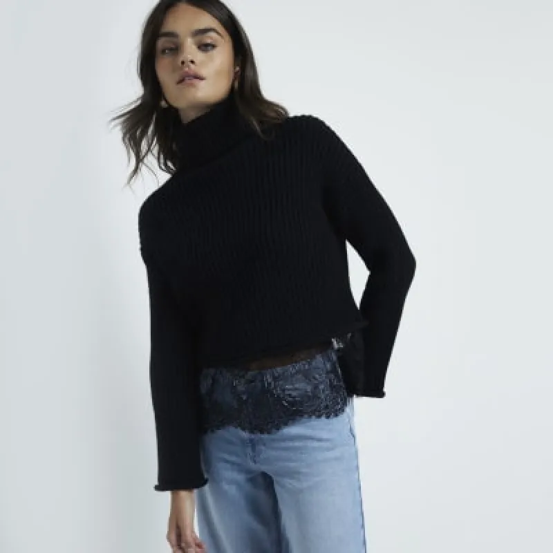 Black roll neck lace hybrid jumper sold by River Island