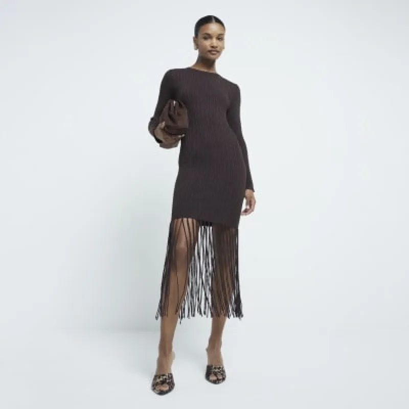 Brown Metallic Fringe Midi Dress sold by River Island