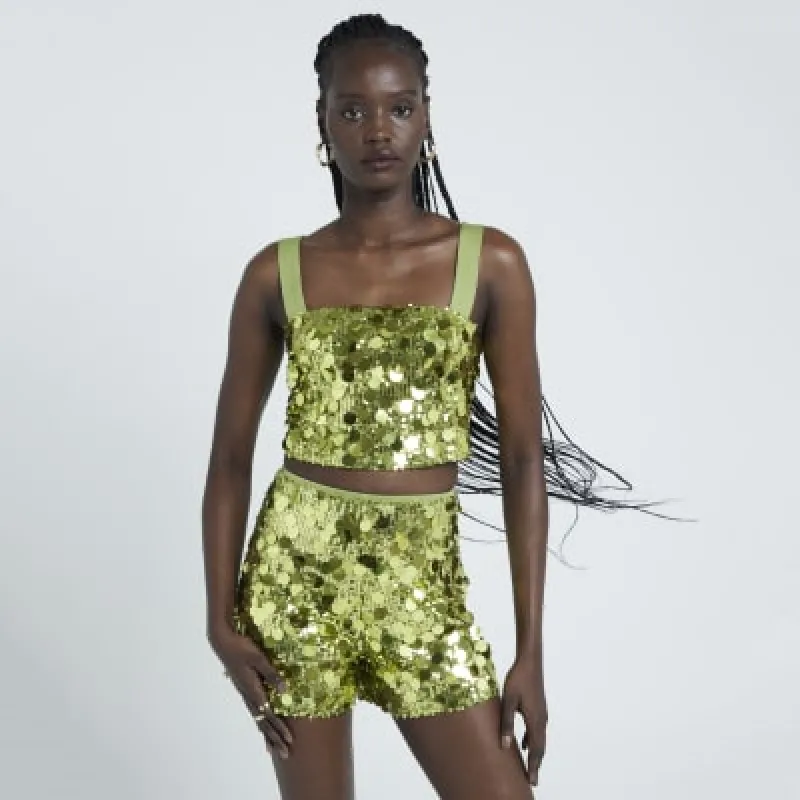 Green Sequin Crop Top sold by River Island