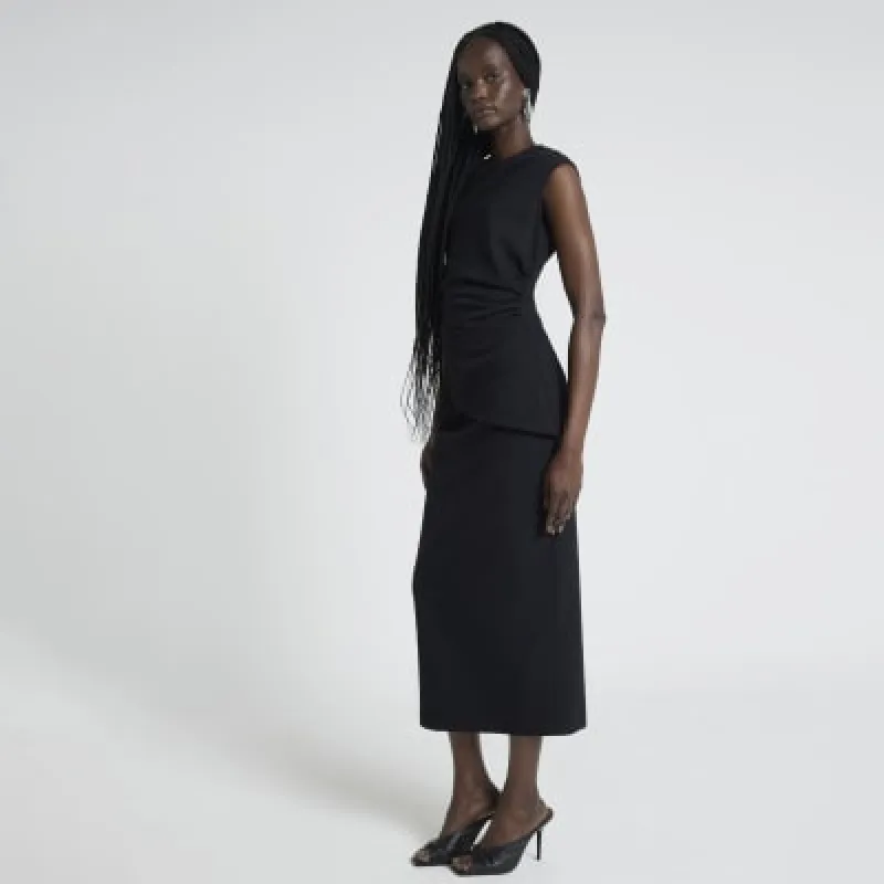 Black Ruched Side Tailored Midi Skirt sold by River Island