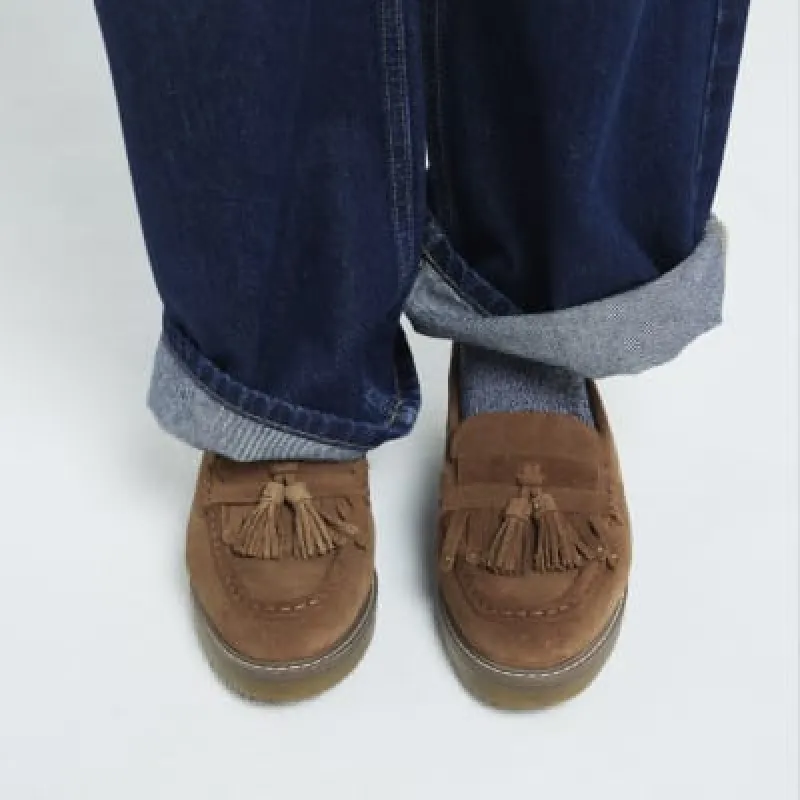 Beige suede Tassel Patent Loafers sold by River Island
