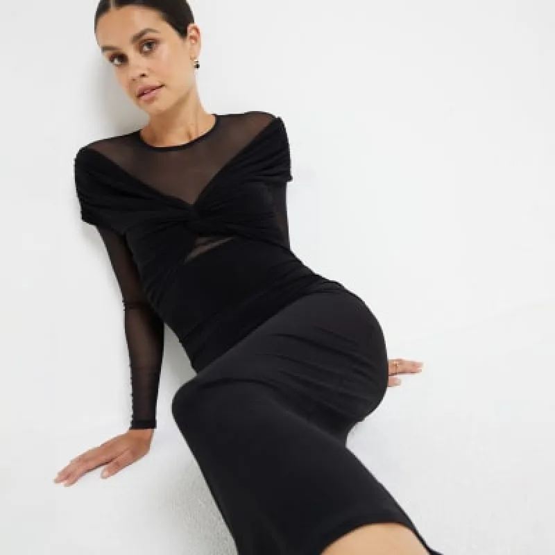 Black Mesh Bow Detail Midi Dress sold by River Island