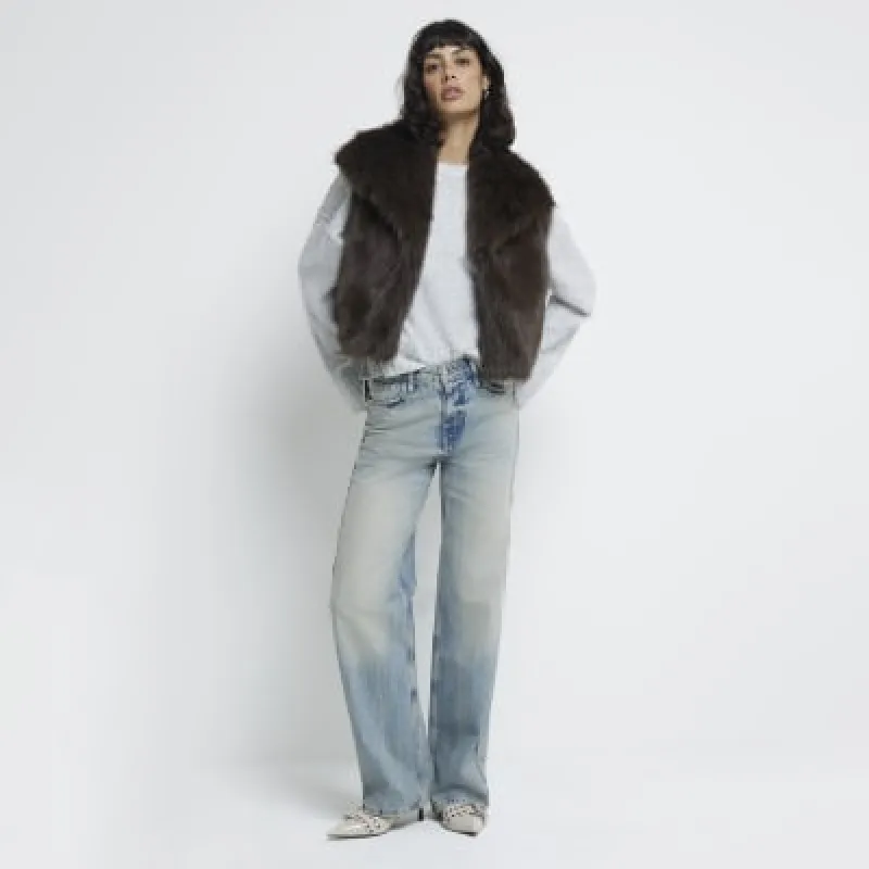Brown faux fur crop gilet sold by River Island