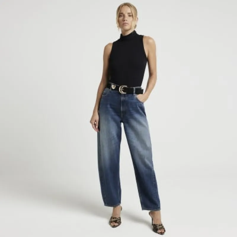 Black ribbed roll neck tank top sold by River Island