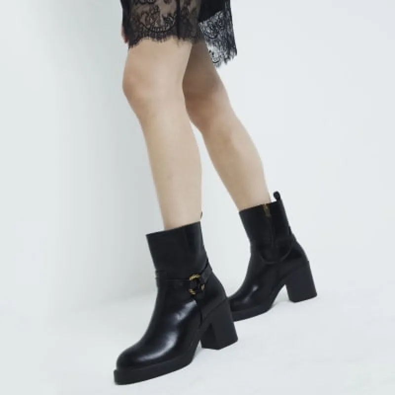 Black Wide Fit Heeled Harness Ankle Boot sold by River Island