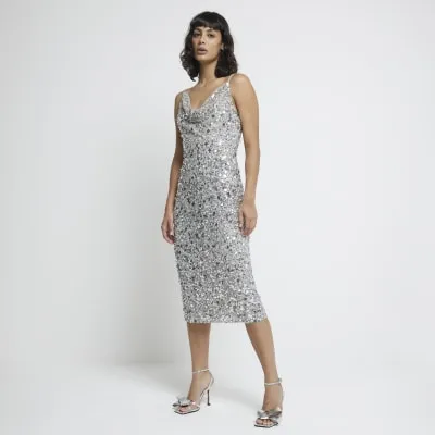 Silver Embellished Sequin Midi dress sold by River Island