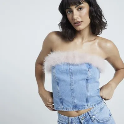 Blue Denim Feather Edge Bandeau Top sold by River Island