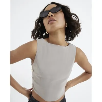 Brown Sleeveless Button Cropped Top sold by River Island