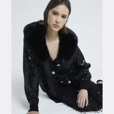 Black Faux Fur Collar Sequin Cardigan sold by River Island