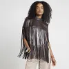 Brown faux leather tassel hem cape sold by River Island