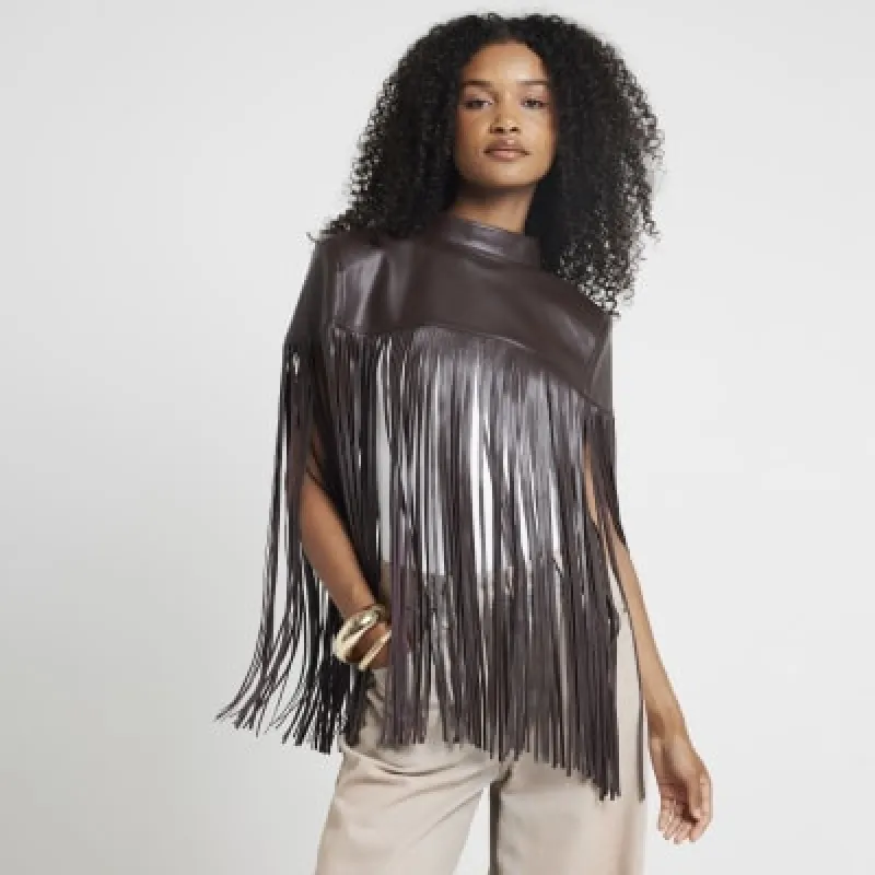 Brown faux leather tassel hem cape sold by River Island