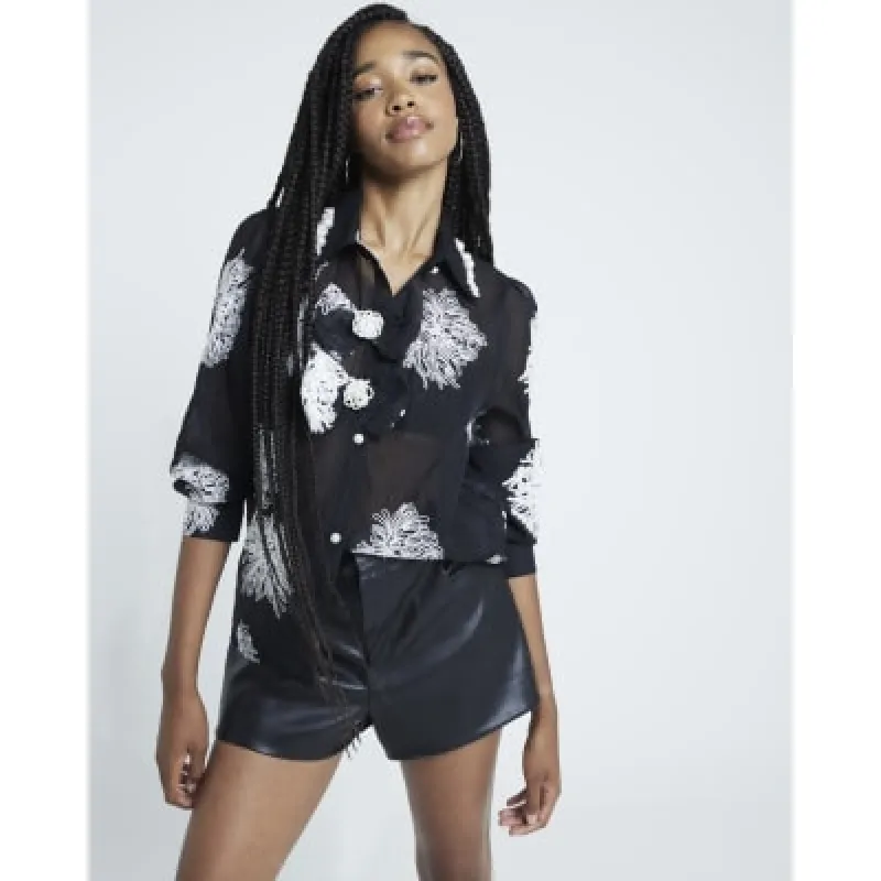 Black print bow long sleeve Blouse sold by River Island