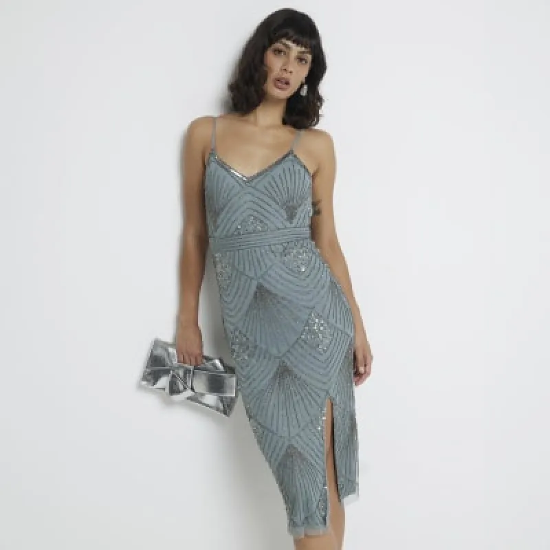 Green Embellished Midi Dress sold by River Island