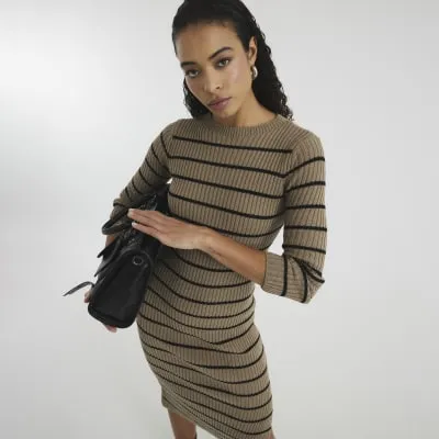 Brown Long Sleeve Stripe Cotton Midi Dress sold by River Island