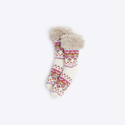 Red Faux Fur Lined Fair Isle Socks sold by River Island