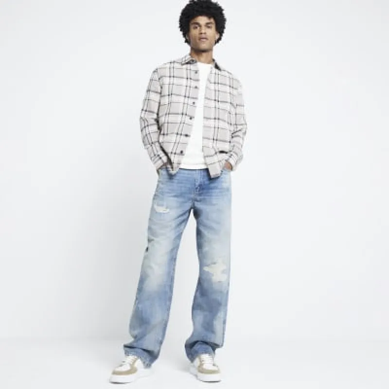 Stone Regular Fit Waffle Texture Check Shirt sold by River Island