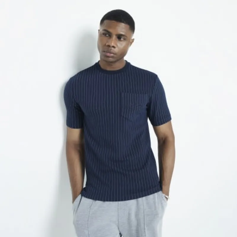 Navy Muscle Pinstripe Stretch T-Shirt sold by River Island