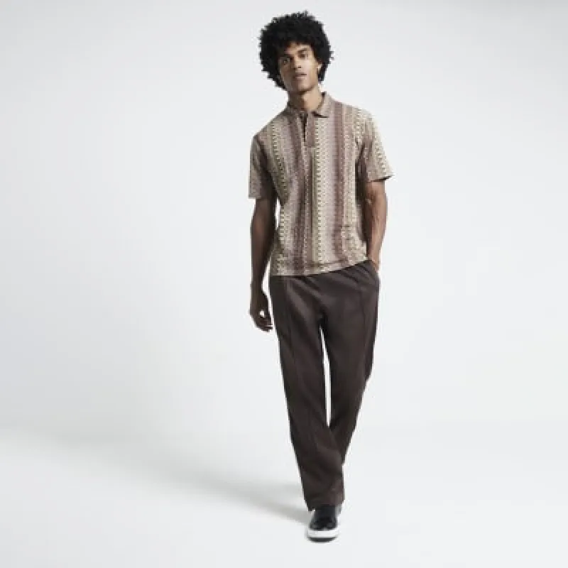 Brown Regular Fit Crochet Polo Shirt sold by River Island