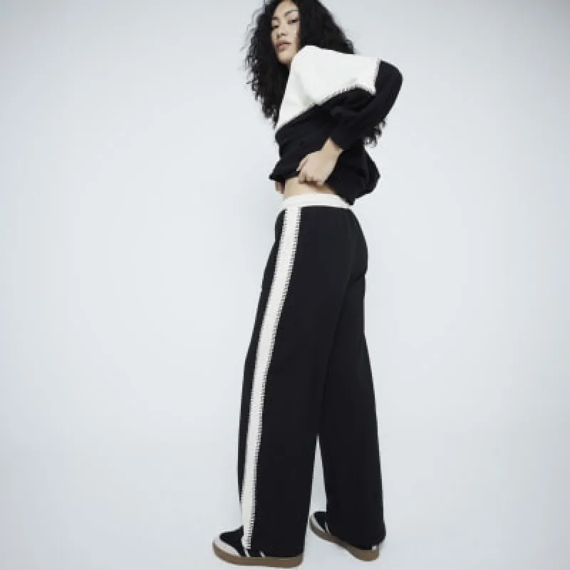 Black Monochrome Side Stripe Wide Leg Joggers sold by River Island