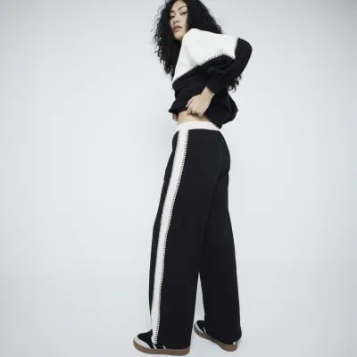 Black Monochrome Side Stripe Wide Leg Joggers sold by River Island