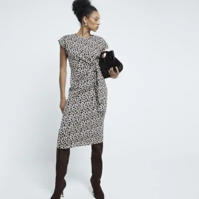 Brown Leopard Print Knot Midi Dress sold by River Island