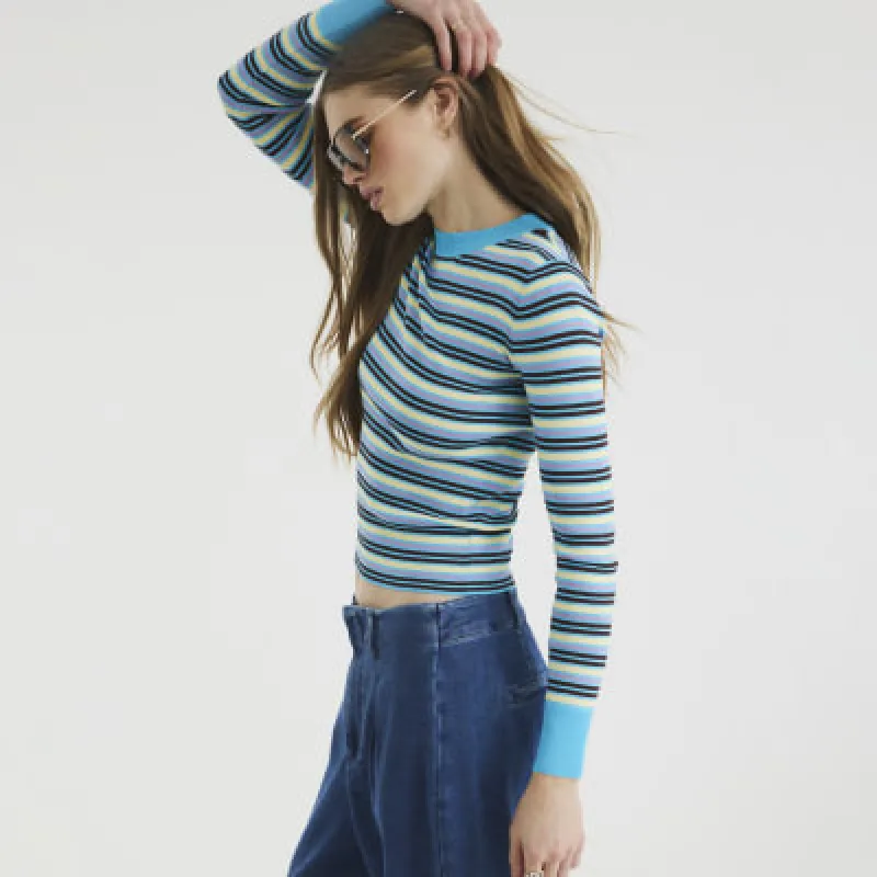 Blue Long Sleeve Stripe Fitted Knit Top sold by River Island