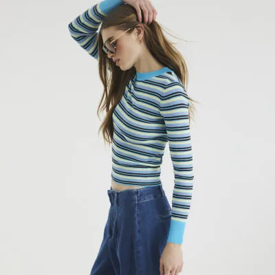 Blue Long Sleeve Stripe Fitted Knit Top sold by River Island