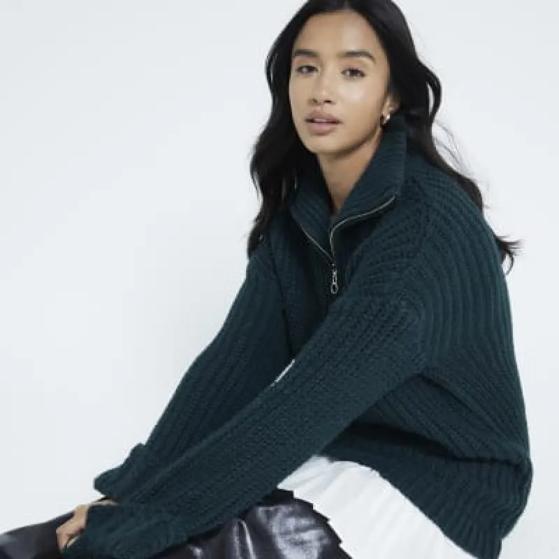 Petite Khaki Half Zip Jumper Mini Dress sold by River Island