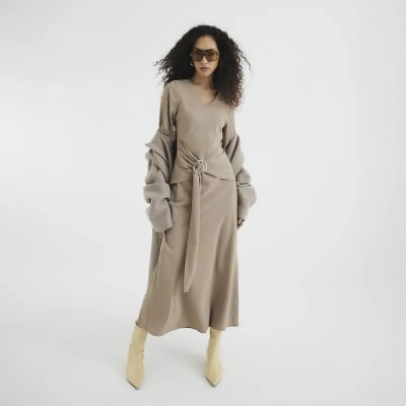 Beige Long Sleeved Tie Waist Midi Dress sold by River Island