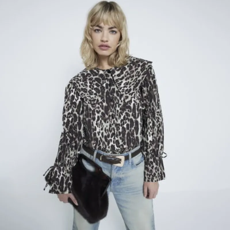 Brown Leopard Large Peter Pan Collar Blouse sold by River Island