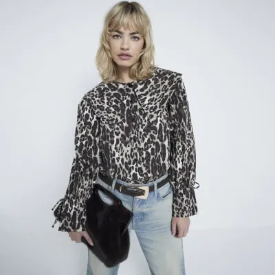 Brown Leopard Large Peter Pan Collar Blouse sold by River Island