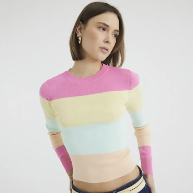 Pink Long Sleeve Stripe Knitted Jumper sold by River Island