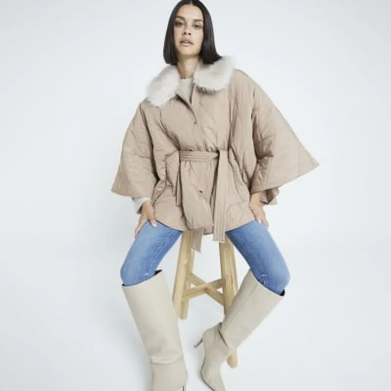 Beige Quilted Faux Fur Collar Cape Jacket sold by River Island