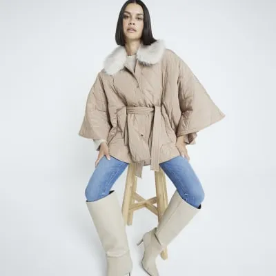 Beige Quilted Faux Fur Collar Cape Jacket sold by River Island