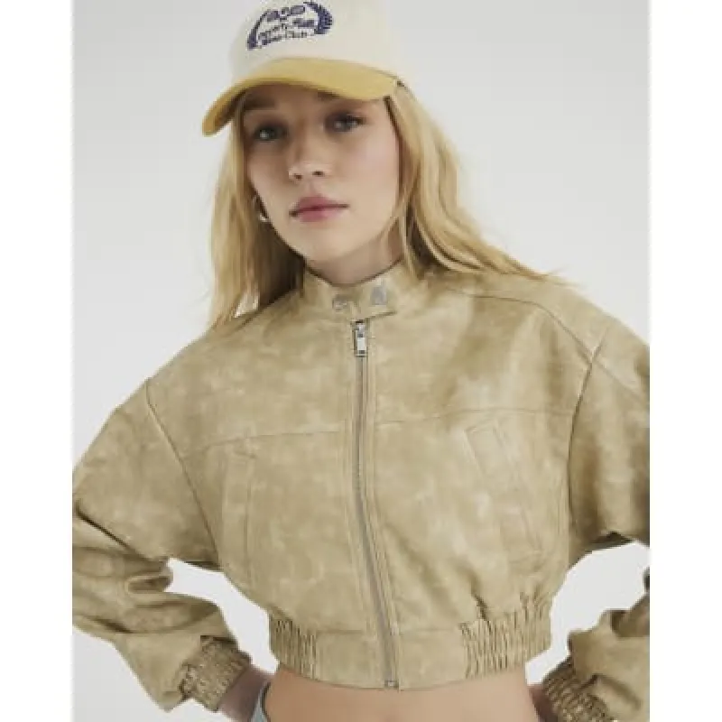 Beige Cropped Distressed Bomber Jacket sold by River Island