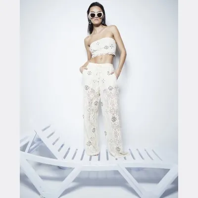 Cream Crochet Lace Wide Leg Trousers sold by River Island