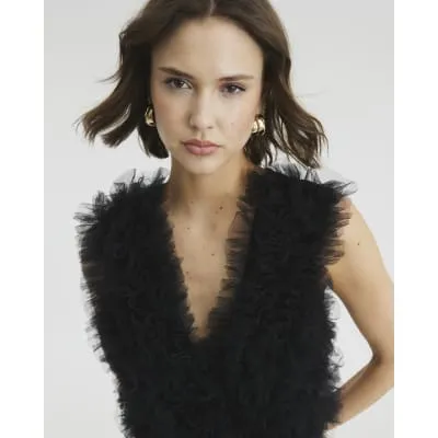 Black Sleeveless Ruffle Front Bodysuit sold by River Island