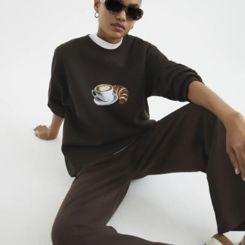 Brown Long Sleeve Croissant Coffee Sweatshirt sold by River Island