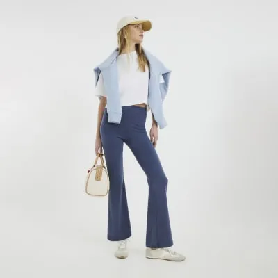 Blue Washed Cropped Ribbed Kickflare Trousers sold by River Island