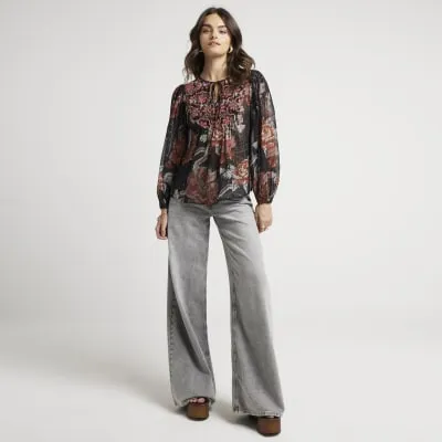 Black Floral Long Sleeve Smock Top sold by River Island