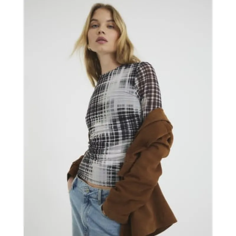 Black Long Sleeve Check Mesh Top sold by River Island