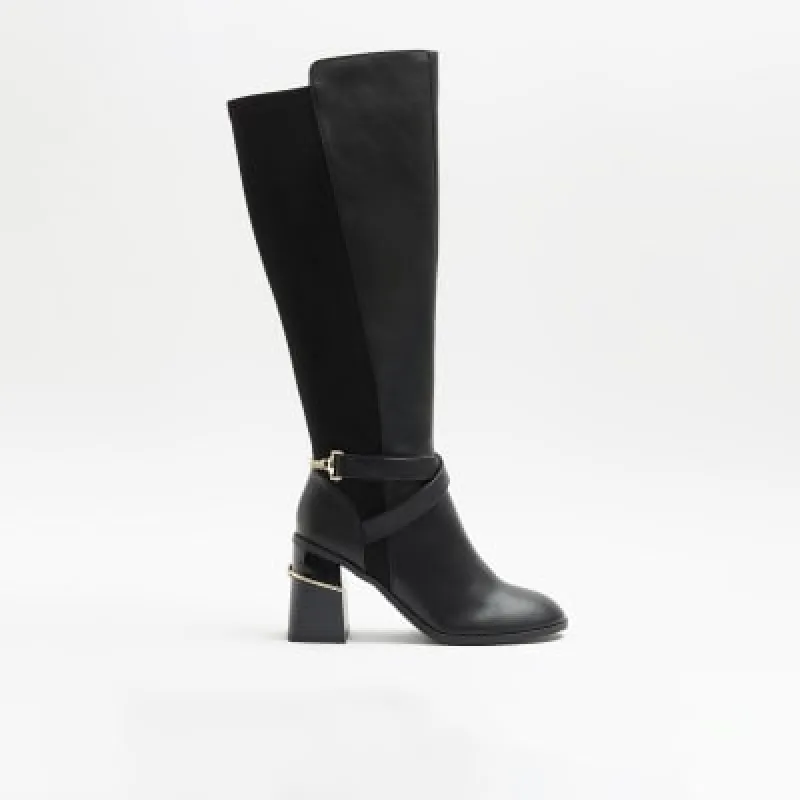 Black wide fit heeled high leg boots sold by River Island