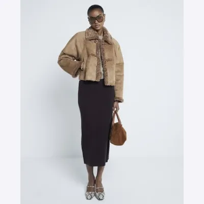 Brown Faux Shearling Trim Jacket sold by River Island