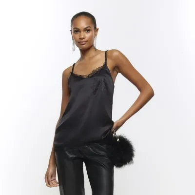 Black satin diamante cami top sold by River Island