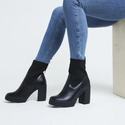 Black Faux Leather Quilted Knit Heeled Boots sold by River Island