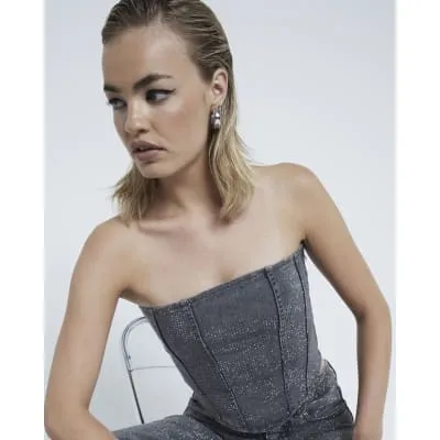 Grey Diamante Bandeau Denim Corset Top sold by River Island