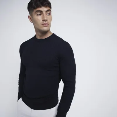 Black muscle fit cable knitted jumper sold by River Island