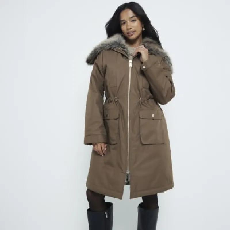 Petite Khaki Faux Fur Coat sold by River Island