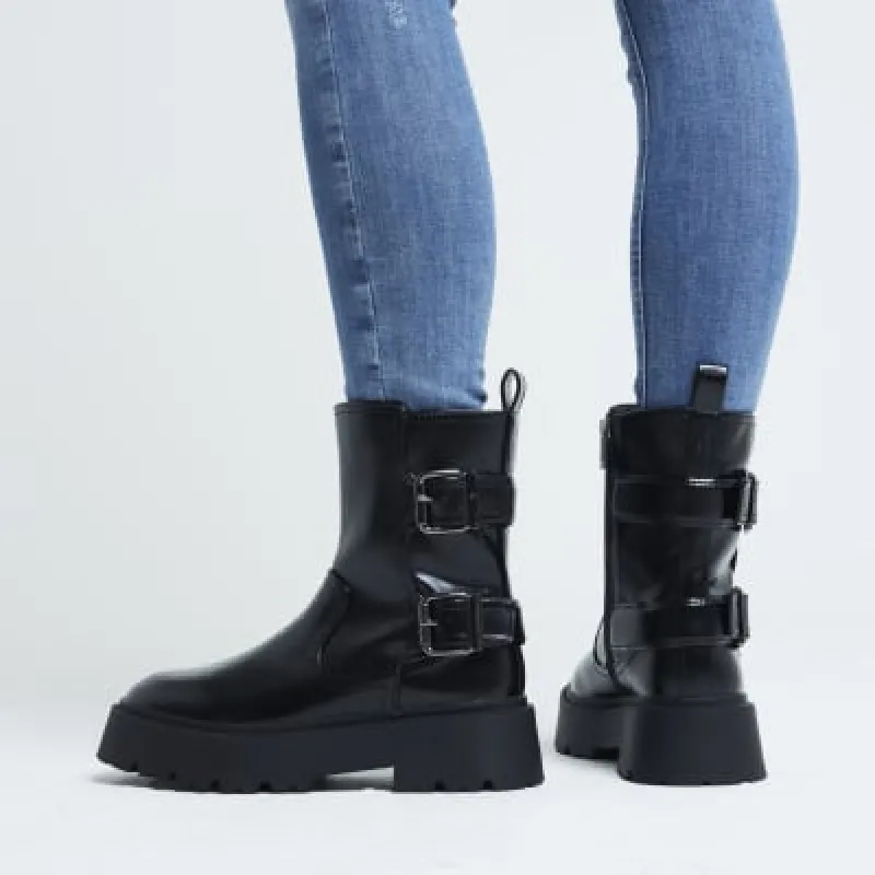 Black Double Buckle Chunky Biker Boots sold by River Island